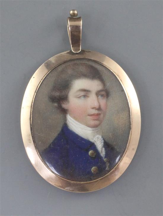 English School c.1790 Miniature portrait of a gentleman wearing a blue coat 1.25 x 1in.